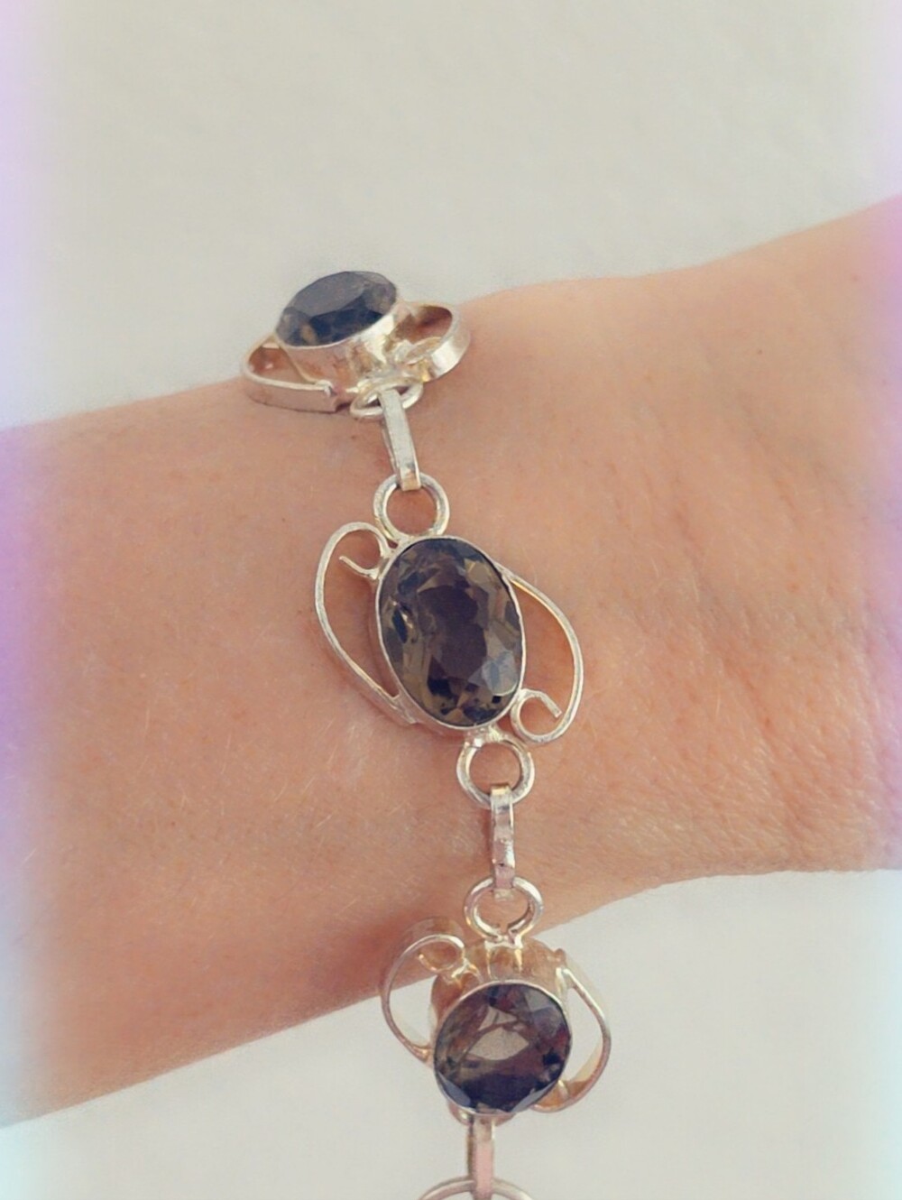 Faceted Smoky Quartz Gemstone Estate Bracelet Sterling Silver 925